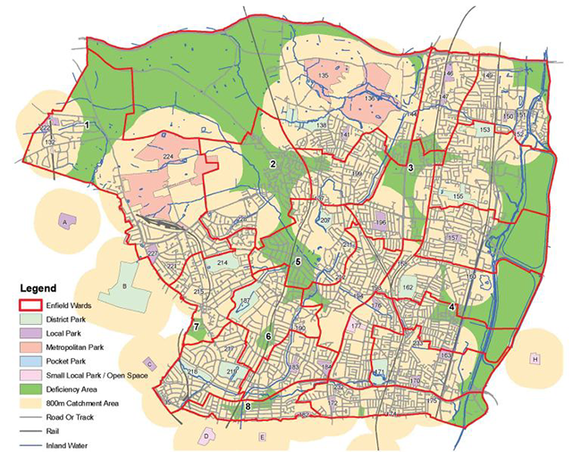Map 8.1 Areas of the Borough deficient in public parks