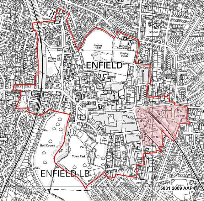 Map 9.6 Area covered by the Enfield Town Centre Area Action Plan, including the Enfield Town Station Place Shaping Priority