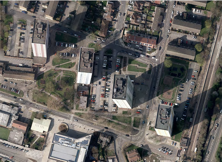 Aerial view of South Street, Alma Road and Ponders End Station
